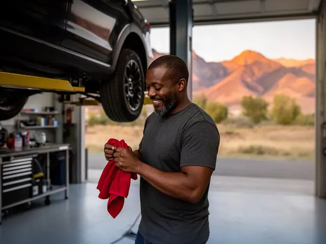 An auto-repair shop owner in a service bay under a lifted car.