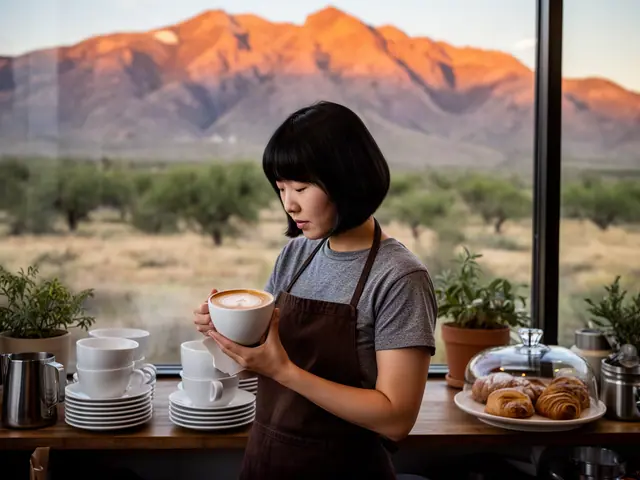 A café owner holding a latte with heart art.