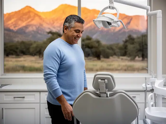 A dentist standing beside a dental chair.