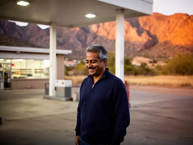 A gas station owner under a white canopy.